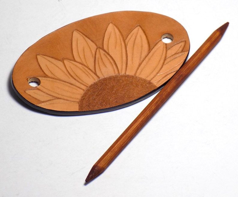 Leather Sunflower Barrette, Boho Floral Leather Oval Hair Slide, Wooden Hair Stick image 9