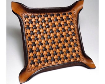 Leather Valet Tray, Brown Tri-Weave Large Square Tray, Third Anniversary Gift