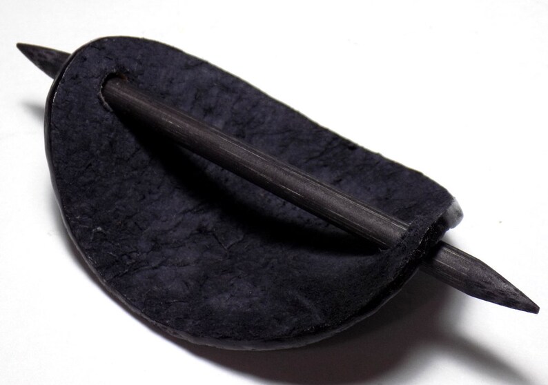 Geometric Leather Barrette Black Tooled Leather Oval Hair Slide Wooden Hair Stick