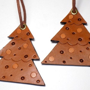 Leather Tree Ornaments Set of 6, Hand Tooled Hanging Ornament Set ...