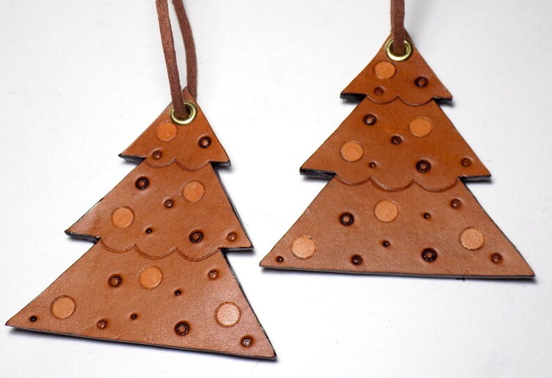Leather Tree Ornaments Set of 6 Hand Tooled Hanging Ornament Etsy