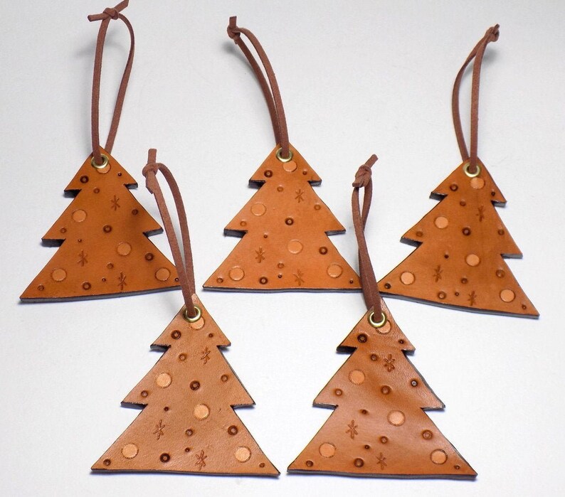 Tooled Leather Ornaments Set of 5 Christmas Tree Ornament Etsy