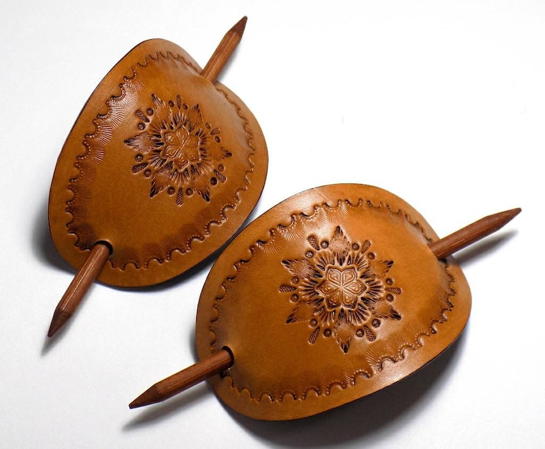 Boho Leather Hair Slide, Floral Oval Barrette, Tooled Southwestern Style, Wooden Hair Stick image 2