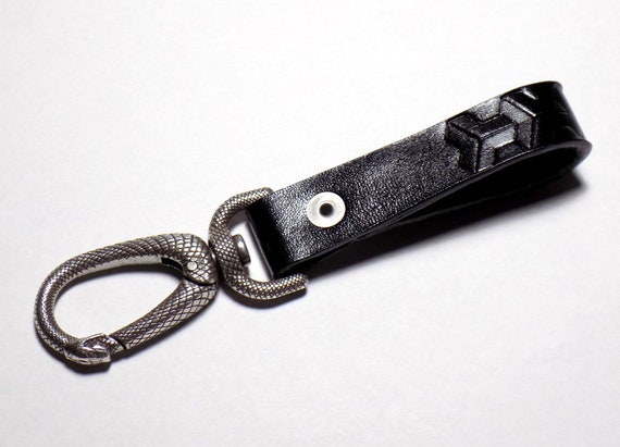 Ouroboros Snake Carabiner Keychain, Black Geometric Leather