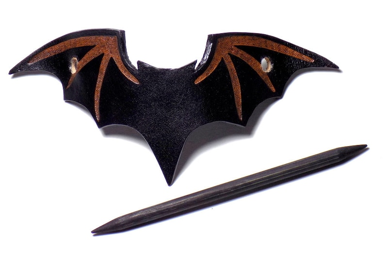 Leather Bat Barrette, Black Bat Hair Slide, Wooden Hair Stick, Halloween pin image 1