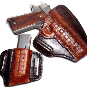 1911 Leather Holster, Brown Woven Basketweave Open Carry OWB Canted Pancake Holster, .45 ACP, Right or Left Handed image 10