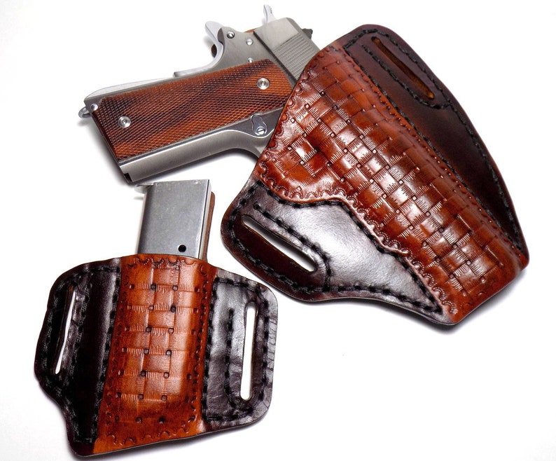 1911 Leather Holster, Brown Woven Basketweave Open Carry OWB Canted Pancake Holster, .45 ACP, Right or Left Handed image 10