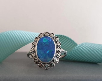 Antique silver Opal (?) + Marcasite halo design ring