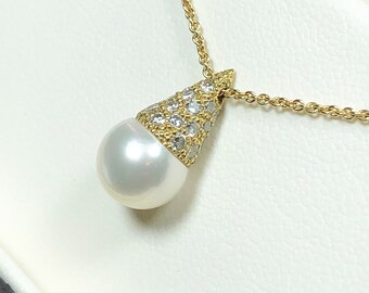 Gold & Diamond Pave Pearl Pendant - Gold Pave Necklace Pearl Drop Pendant