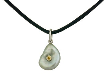 Keshi Pearl & Canary Diamond Necklace on Leather Cord for Man or Woman