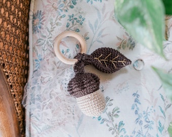 Soft Cotton Crocheted Acorn Baby Rattle // Eco-Friendly Infant Toy