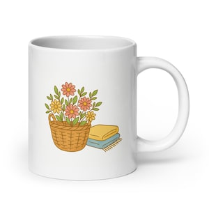 Basket of Fresh Flowers Mug – Cozy Cottage Morning Design – Pastel Soft Blanket Aesthetic – Cottagecore Coffee Cup – Serene Home Gift