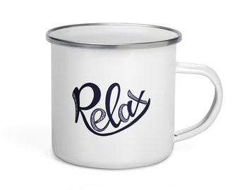 Serene Sips: Relax Inspirational Enamel Cup Design