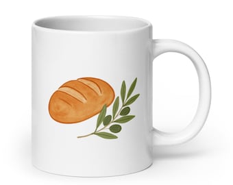 Fresh Bread and Olive Branch Mug – Rustic Kitchen Charm Design – Cozy Cottagecore Coffee Cup – Simple Living Gift Idea