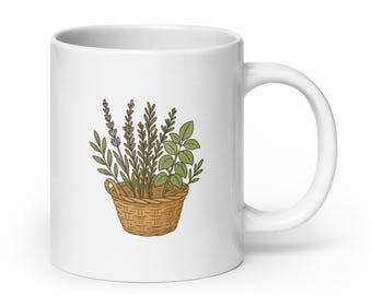 Vintage Basket and Wild Herbs Mug – Rustic Cottage Kitchen Design – Cozy Natural Aesthetic Coffee Cup – Simple Home Gift Idea