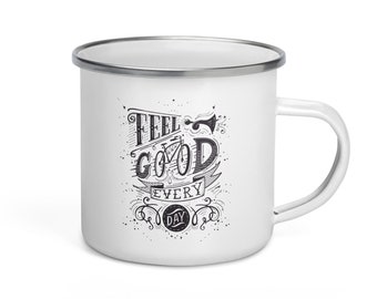 Monochrome Bliss: Sip in Style with 'Feel Good Every Day' Enamel Mug