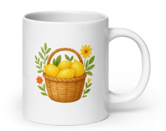 Basket of Fresh Lemons Mug – Sunny Garden Flowers Design – Cheerful Cottagecore Coffee Cup – Summer Kitchen Gift Idea