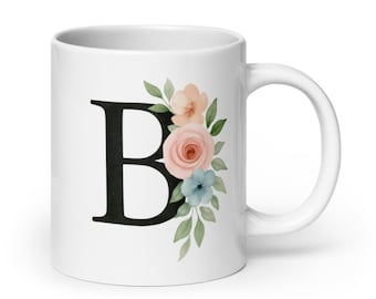 B Initial Mug with Floral Design – Personalized Letter B Cup – Watercolor Monogram Gift for Her – Custom Name Coffee Mug