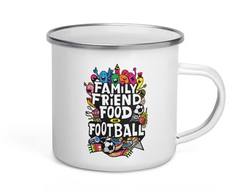Gather and Cherish: Sip into Togetherness with the 'Family, Friend, Food, and Football' Inspirational Quote Enamel Mug