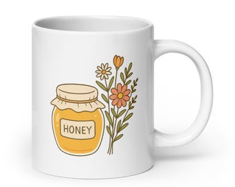Honey Jar and Wildflowers Mug – Sweet Country Life Design – Cozy Cottagecore Coffee Cup – Nature Inspired Gift Idea