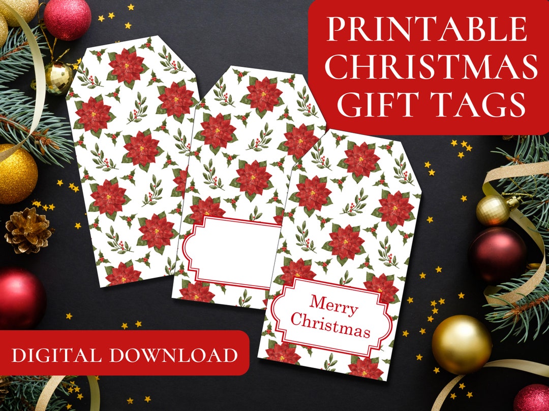 Printable Christmas Floral Gift Tags Festive Watercolor Etsy