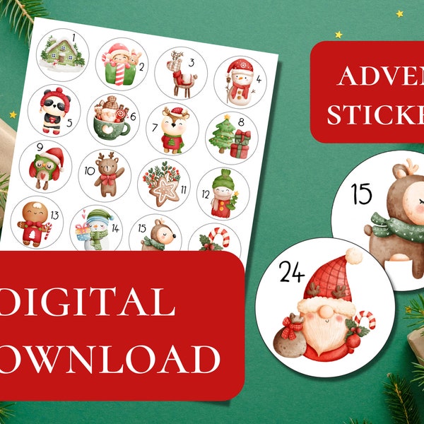 Printable Advent calendar stickers, Digital Christmas Advent tags, download cute 24 countdown tag, print round sticker