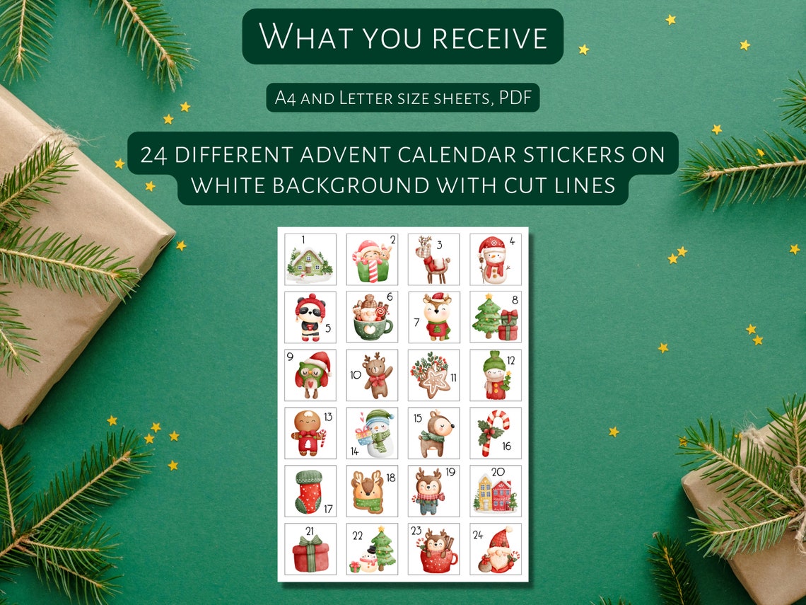 Printable Advent Calendar Stickers, Digital Christmas Advent Tags