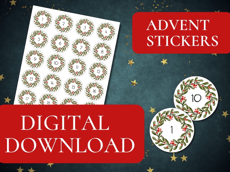 Printable Advent Calendar Stickers, Digital Christmas Advent Tags