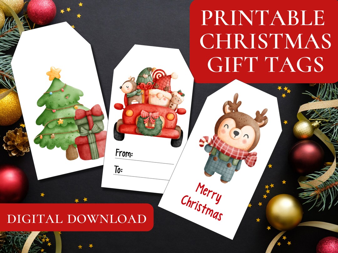Printable Christmas Cute Animals Gift Tags, Festive Watercolor Digital ...