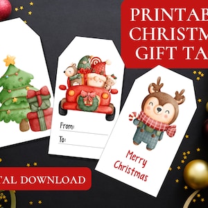 Etiquetas de regalo navideñas imprimibles, animales en acuarela, calendario de adviento navideño (descarga digital)