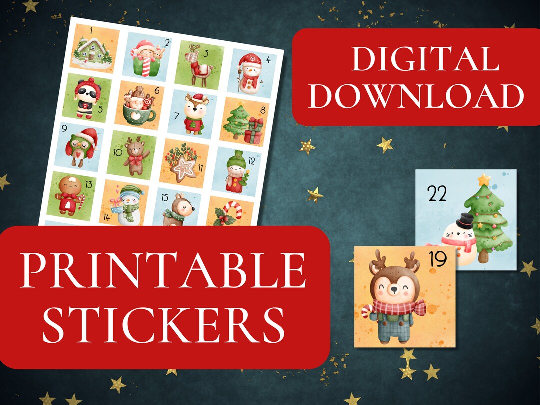 Digital Printable Advent Calendar Stickers, Christmas Advent Tags