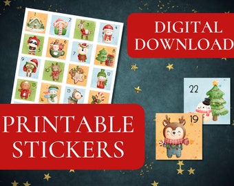 Digital druckbare Adventskalender-Aufkleber, Weihnachts-Advents-Tags, Download niedlicher 24 Countdown-Tag, quadratischer Aufkleber drucken