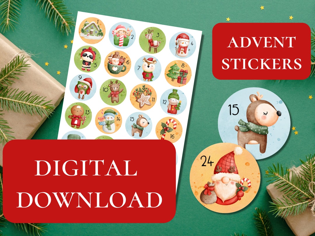 Digital Printable Advent Calendar Stickers, Christmas Advent Tags
