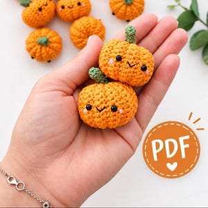 May include: Small orange crocheted pumpkins with green stems, black bead eyes, and stitched smiles. The pumpkins feature pink embroidered cheeks. A circular orange graphic with white dashed borders contains the text PDF and a small white heart.