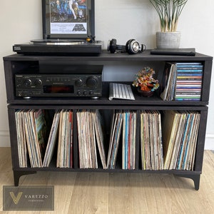 Soporte para tocadiscos, mesa para tocadiscos con almacenamiento de vinilo,  soporte de mesa de discos de vinilo negro con gabinetes para 100 álbumes
