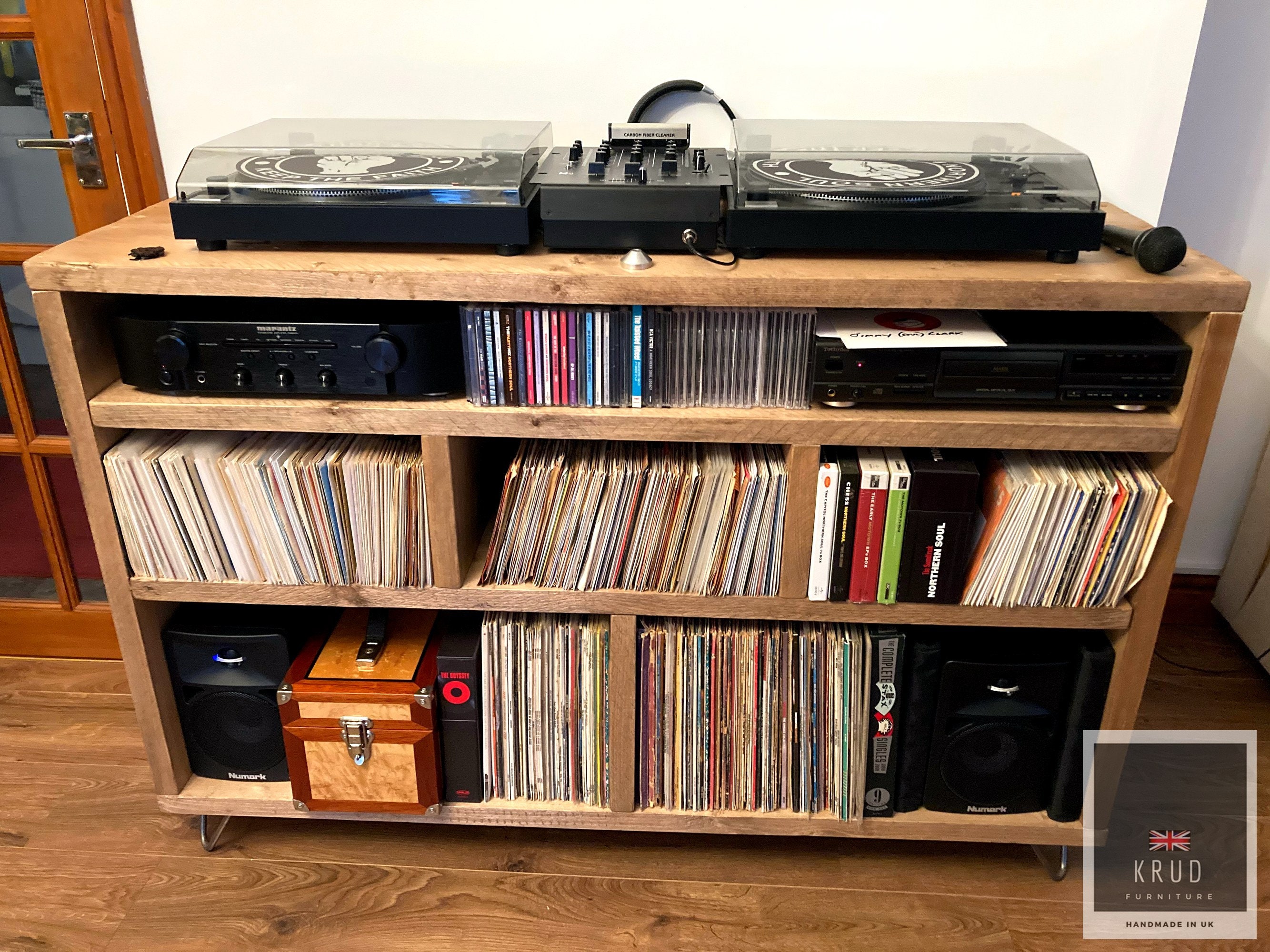 Soporte de mesa para tocadiscos con cajones de almacenamiento, armario de  mesa de discos de vinilo con toma de corriente, soporte grande de madera