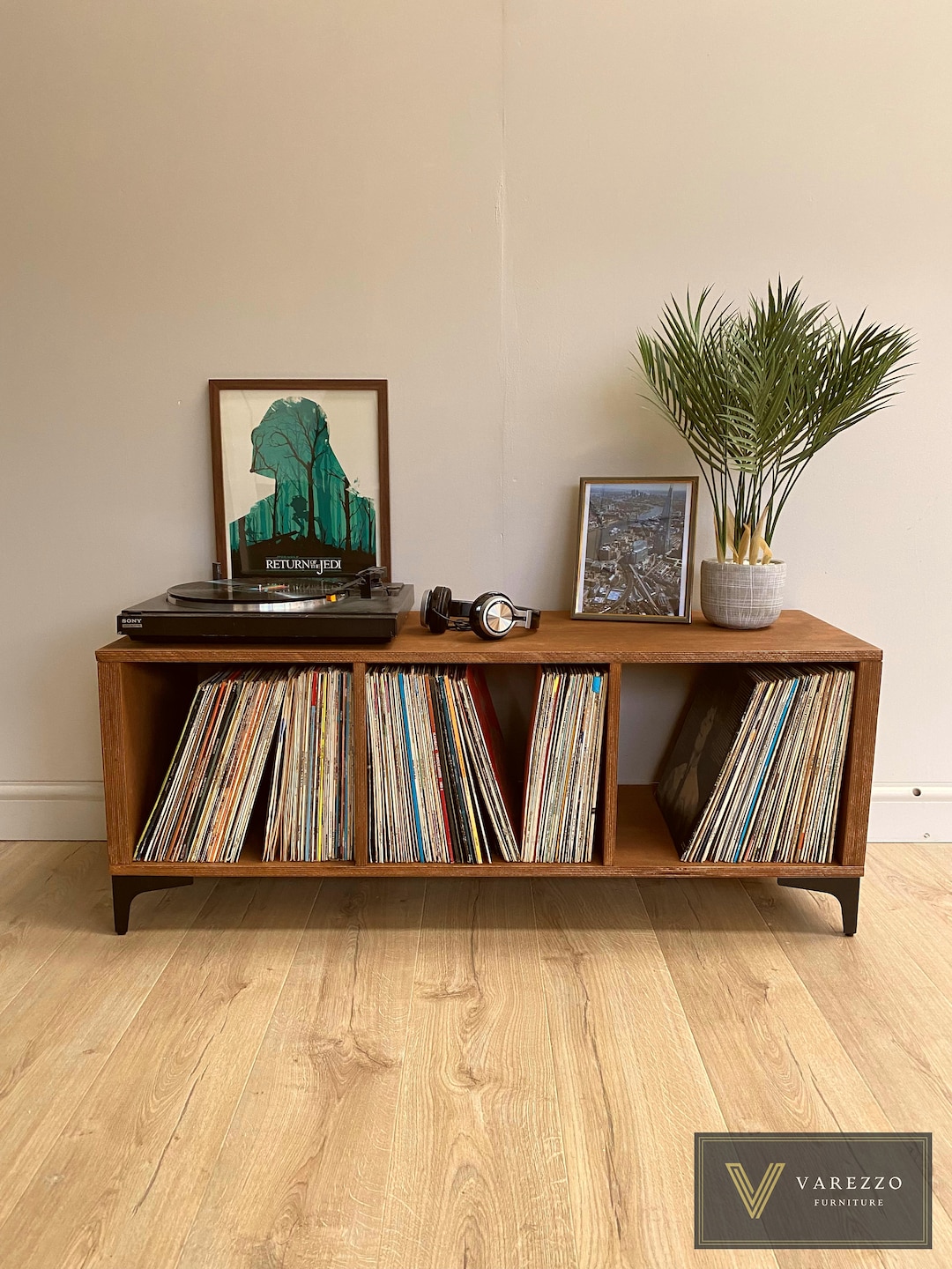 Mid-Century - Soporte para tocadiscos de vinilo con almacenamiento de hasta  100 álbumes, mesa de tocadiscos para sala de estar, dormitorio, oficina