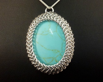 Chainmail Pendant Necklace - Wrapped Gemstone Cabochon - Dyed Howlite - Turquoise and Silver - Natural Gemstone - Chainmaille Jewelry
