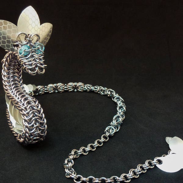 Chainmaille Dragon Sculpture - Black Ice and Frost - Chainmail Decor