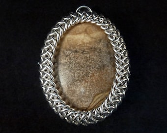 Chainmail Pendant Necklace - Wrapped Gemstone Cabochon - Picture Jasper - Brown and Silver - Natural Gemstone - Chainmaille Jewelry