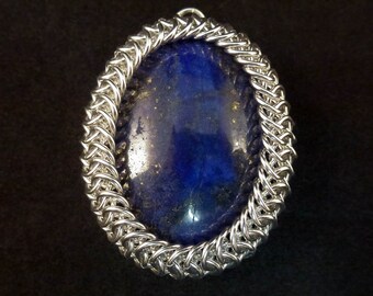 Chainmail Pendant Necklace - Wrapped Gemstone Cabochon - Lapis Lazuli - Blue and Silver - Natural Gemstone - Chainmaille Jewelry