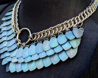 Chainmaille Goddess Necklace with Light Blue Titanium Scales - Chainmail Jewellery - Scalemail