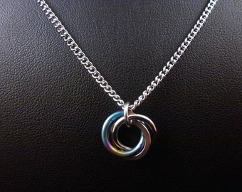 Chainmail Pendant Necklace - Rainbow Titanium and Stainless Steel Mobius Unit - Chainmaille Jewelry - Stainless Steel Chain