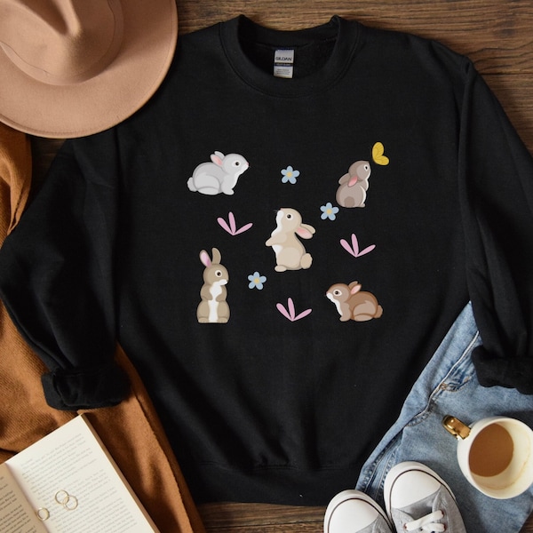 Rabbit Crewneck Sweatshirt, Cute Bunny, Pastel Kawaii Shirt, Pink Floral Year of the Rabbit, Kawaii Clothing, Cute Rabbit Sweater