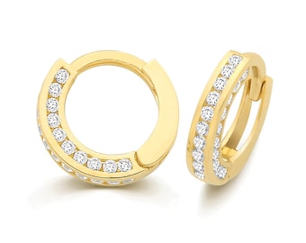 9ct Yellow Gold 10mm Diameter Front & Side Channel Set Cz Hinged Huggies Hoop Earrings - Real 9K Gold