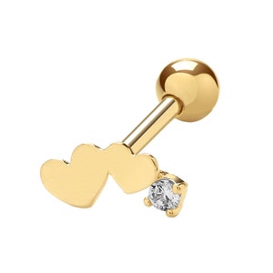 9K Yellow Gold Cz Love Hearts Cartilage 6mm Bar Single Stud Screw Back Earring - Real 9K Gold