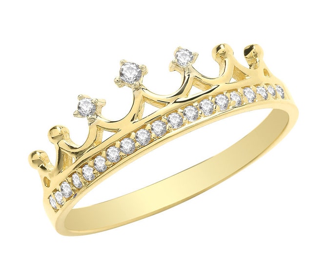 Ladies 9ct Yellow Gold Cz Royal Crown Ring Hallmarked - Real 9K Gold