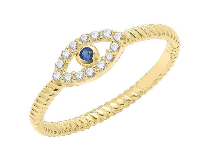 Ladies 9ct Yellow Gold 1.8mm Ribbed Evil Eye Cz Ring Hallmarked 375 - Real 9K Gold