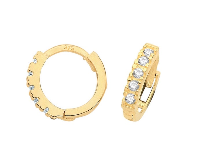 9ct Yellow Gold Half Cz Claw Set 7mm Diameter Hinged Hoop Earrings - Real 9K Gold