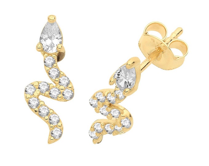 Contemporary 9ct Yellow Gold Pave Cz Snake Stud Earrings 8x5mm - Real 9K Gold